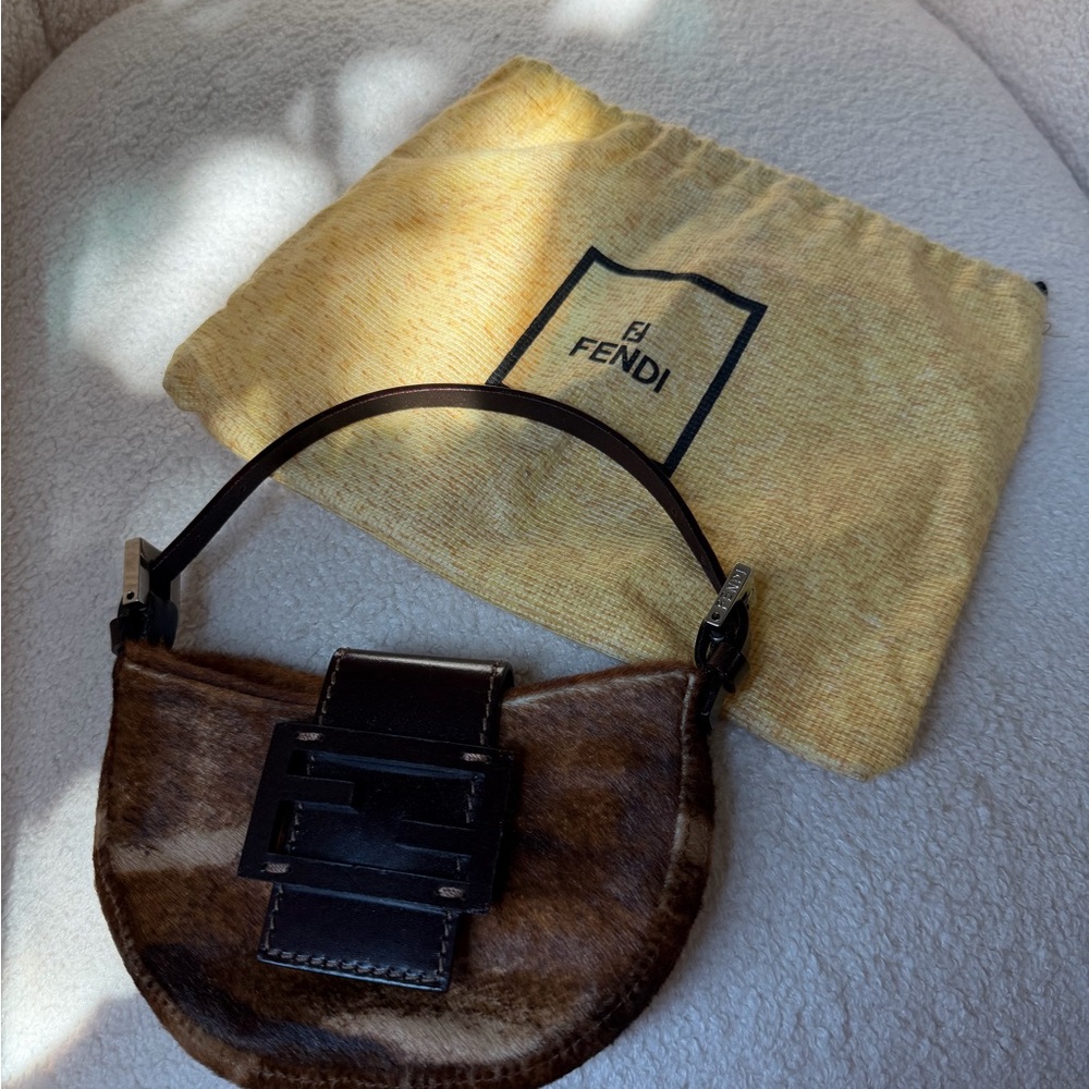 Fendi Croissant Brown Pony-Hair Mini Baguette with Dark Brown Leather Trim